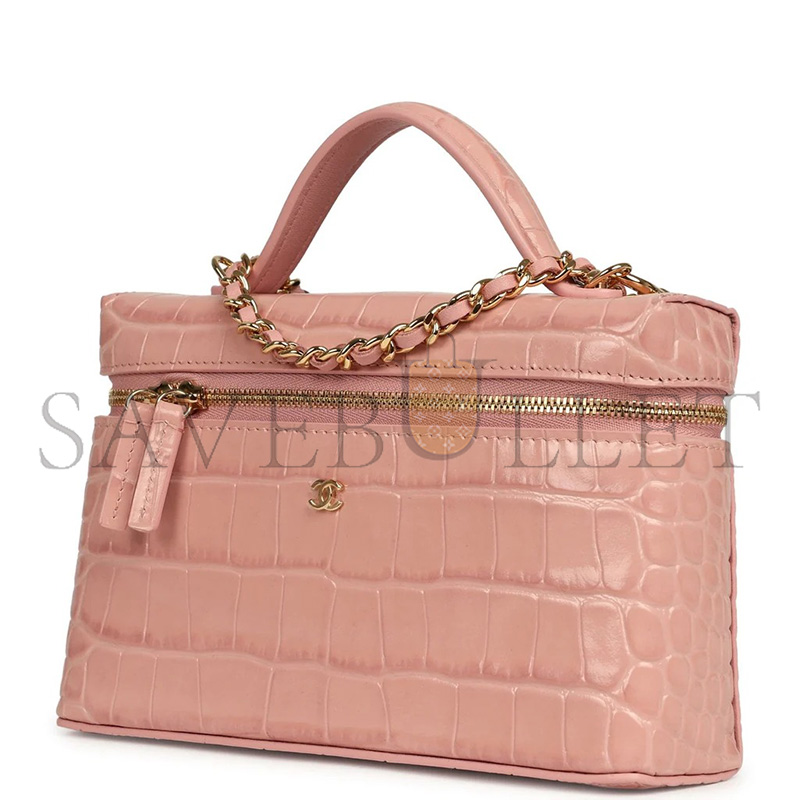 CHANEL MASTER TOP HANDLE LONG VANITY CASE WITH CHAIN PINK CROC EMBOSSED CALFSKIN GOLD HARDWARE (19*14*5cm)